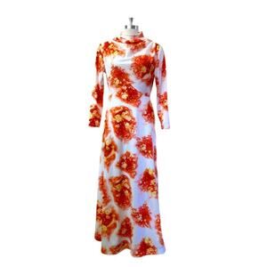 70s White Orange Floral Cowl Neck Maxi Dress
